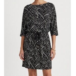 LAUREN Ralph Lauren Dolman Sleeve Drawstring Waist Dress Medium Black Print